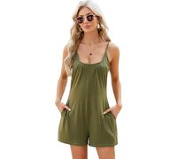 Women's Summer Spaghetti Strap Romper Casual Loose Fit Solid Color Playsuit with Pockets Sleeveless Beach Jumpsuit for Vacation Lounge Wear