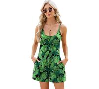 Women's Summer Spaghetti Strap Romper Casual Loose Fit Solid Color Playsuit with Pockets Sleeveless Beach Jumpsuit for Vacation Lounge Wear
