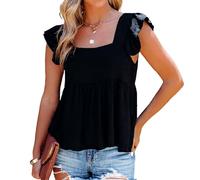 Women's Summer Square Neck Ruffle Sleeve Top Casual Flowy Babydoll Blouse Black Sleeveless Shirt Cute Flutter Cap Sleeve Tunic for Beach Vacation Daily Wear Soft