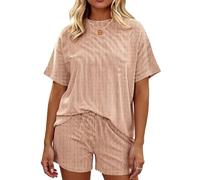 Womens Summer Striped 2 Piece Lounge Set Short Sleeve Casual Pajama Top and Shorts Outfit Loose Fit Home Sleepwear Vacation Beach Outfit