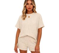 Womens Summer Striped 2 Piece Lounge Set Short Sleeve Casual Pajama Top and Shorts Outfit Loose Fit Home Sleepwear Vacation Beach Outfit