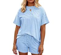 Womens Summer Striped 2 Piece Lounge Set Short Sleeve Casual Pajama Top and Shorts Outfit Loose Fit Home Sleepwear Vacation Beach Outfit