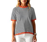Women's Summer Striped Knit Top Round Neck Short Sleeve Color Block Trim Casual Loose Fit Sweater tee for Spring Vacation Daily Wear