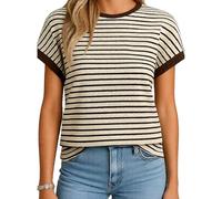 Women's Summer Striped Knit Top Short Sleeve Crew Neck Casual T-Shirt Soft Breathable Loose Fit Blouse for Daily Wear Vacation Beach Outfit