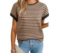 Women's Summer Striped Knit Top Short Sleeve Crew Neck Casual T-Shirt Soft Breathable Loose Fit Blouse for Daily Wear Vacation Beach Outfit