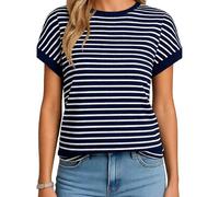 Women's Summer Striped Knit Top Short Sleeve Crew Neck Casual T-Shirt Soft Breathable Loose Fit Blouse for Daily Wear Vacation Beach Outfit