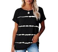 Women's Summer Striped T Shirt Casual Crew Neck Short Sleeve Loose Fit tee Tops with Side Slit Hem for Daily Wear Vacation Beach Outing