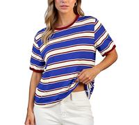 Women's Summer Striped T-Shirt Casual Crew Neck Short Sleeve Loose Fit Top Green Pink White Color Block tee for Daily Wear Vacation Beach