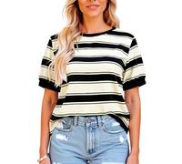 Women's Summer Striped T-Shirt Casual Crew Neck Short Sleeve Loose Fit Top Green Pink White Color Block tee for Daily Wear Vacation Beach