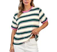 Women's Summer Striped T-Shirt Casual Crew Neck Short Sleeve Loose Fit Top Green Pink White Color Block tee for Daily Wear Vacation Beach