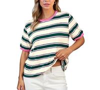 Women's Summer Striped T-Shirt Casual Round Neck Short Sleeve Loose Fit Color Block Top Green Pink Cream Knit Blouse for Daily Wear Vacation