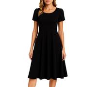 Women's Summer TikTok Short Sleeve Pleated Versatile Solid Color Dress Casual A-Line Midi Dress with Pockets for Party Work Daily Wear Black