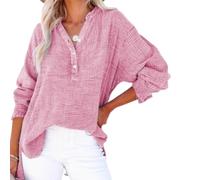 Womens Summer Tops Casual Button V Neck Long Sleeve Cotton Shirts Loose Lightweight Gauze Beach Cover up Pullovers (Pink,4XL)