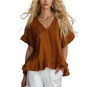 Womens Summer Tops V Neck Ruffle Sleeve Loose Fit Dressy Casual Pullover (Dark Brown,XL)