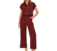 Women's Summer Two Piece Dress Lapel Casual Short Sleeved Wide Leg Pant Suit Mono deportivo Algodón, rojo, XL