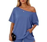 Women's Summer Two Piece Outfit Asymmetrical One Shoulder Top and Shorts Set Casual Loose Fit Short Sleeve Lounge Wear Vacation Beach Black Matching Set for Ladies