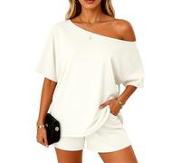 Women's Summer Two Piece Outfit Asymmetrical One Shoulder Top and Shorts Set Casual Loose Fit Short Sleeve Lounge Wear Vacation Beach Black Matching Set for Ladies