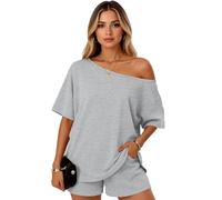 Women's Summer Two Piece Outfit Asymmetrical One Shoulder Top and Shorts Set Casual Loose Fit Short Sleeve Lounge Wear Vacation Beach Black Matching Set for Ladies