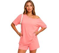 Women's Summer Two Piece Outfit Asymmetrical One Shoulder Top and Shorts Set Casual Loose Fit Short Sleeve Lounge Wear Vacation Beach Black Matching Set for Ladies