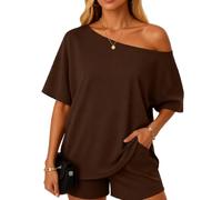 Women's Summer Two Piece Outfit Asymmetrical One Shoulder Top and Shorts Set Casual Loose Fit Short Sleeve Lounge Wear Vacation Beach Black Matching Set for Ladies