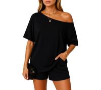 Women's Summer Two Piece Outfit Asymmetrical One Shoulder Top and Shorts Set Casual Loose Fit Short Sleeve Lounge Wear Vacation Beach Black Matching Set for Ladies