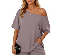 Women's Summer Two Piece Outfit Asymmetrical One Shoulder Top and Shorts Set Casual Loose Fit Short Sleeve Lounge Wear Vacation Beach Black Matching Set for Ladies
