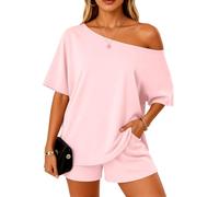 Women's Summer Two Piece Outfit Asymmetrical One Shoulder Top and Shorts Set Casual Loose Fit Short Sleeve Lounge Wear Vacation Beach Black Matching Set for Ladies