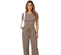 Women's Summer Two Piece Outfit Set Casual Round Neck Short Sleeve Crop Top and Wide Leg Long Pants Lounge Wear Y2K Fashion Tracksuit Matching Set
