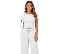 Women's Summer Two Piece Outfit Set Casual Round Neck Short Sleeve Crop Top and Wide Leg Long Pants Lounge Wear Y2K Fashion Tracksuit Matching Set