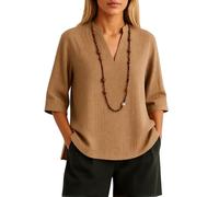 Womens Summer V Neck 3/4 Sleeve Linen Blend Tunic Top Loose Fit Casual Button Down Shirt Lightweight Breathable Beach Vacation Blouse