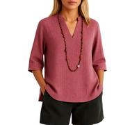 Womens Summer V Neck 3/4 Sleeve Linen Blend Tunic Top Loose Fit Casual Button Down Shirt Lightweight Breathable Beach Vacation Blouse