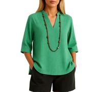 Womens Summer V Neck 3/4 Sleeve Linen Blend Tunic Top Loose Fit Casual Button Down Shirt Lightweight Breathable Beach Vacation Blouse