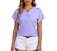 Women's Summer V Neck Chain Jacquard Top Short Sleeve T Shirt Casual Loose Fit Textured Blouse for Vacation Beach Party Hot Pink Fashion