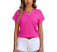 Women's Summer V Neck Chain Jacquard Top Short Sleeve T Shirt Casual Loose Fit Textured Blouse for Vacation Beach Party Hot Pink Fashion