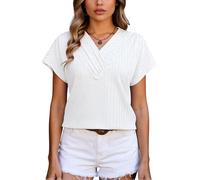 Women's Summer V Neck Chain Jacquard Top Short Sleeve T Shirt Casual Loose Fit Textured Blouse for Vacation Beach Party Hot Pink Fashion
