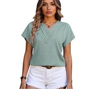 Women's Summer V Neck Chain Jacquard Top Short Sleeve T Shirt Casual Loose Fit Textured Blouse for Vacation Beach Party Hot Pink Fashion
