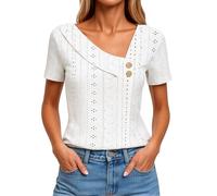 Women's Summer V Neck Eyelet Lace Top Short Sleeve Casual Blouse with Side Buttons Sage Green Loose Fit T Shirt for Daily Wear Vacation Beach