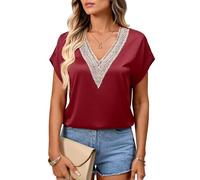 Women's Summer V Neck Lace Insert Satin Blouse Short Sleeve Loose Fit Casual Shirt Elegant Solid Color Top for Daily Work Party Beach Vacation