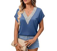 Women's Summer V Neck Lace Insert Satin Blouse Short Sleeve Loose Fit Casual Shirt Elegant Solid Color Top for Daily Work Party Beach Vacation