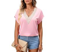 Women's Summer V Neck Lace Insert Satin Blouse Short Sleeve Loose Fit Casual Shirt Elegant Solid Color Top for Daily Work Party Beach Vacation