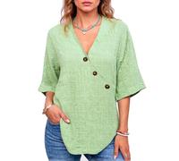 Women's Summer V-Neck Linen Blend Top Solid Color Asymmetrical Button Down Casual Loose Fit Blouse Beach Vacation Wear Teal Green Shirt Ladies
