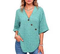Women's Summer V-Neck Linen Blend Top Solid Color Asymmetrical Button Down Casual Loose Fit Blouse Beach Vacation Wear Teal Green Shirt Ladies