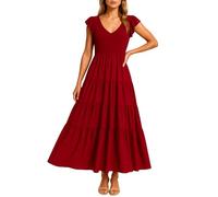 Women's Summer V Neck Ruffle Short Sleeve Dress Smocked Bodice Tiered Maxi Skirt A Line Casual Beach Party Long Dress Elegant Black Style