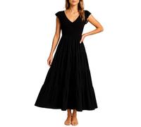 Women's Summer V Neck Ruffle Short Sleeve Dress Smocked Bodice Tiered Maxi Skirt A Line Casual Beach Party Long Dress Elegant Black Style