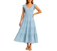 Women's Summer V Neck Ruffle Short Sleeve Dress Smocked Bodice Tiered Maxi Skirt A Line Casual Beach Party Long Dress Elegant Black Style