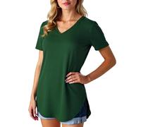 Women's Summer V Neck Short Sleeve Loose T Shirt Curved Hem Plus Size Solid Color Basic Top Casual Blouse for Daily Wear and Vacation