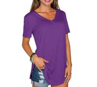 Women's Summer V Neck Short Sleeve Loose T Shirt Curved Hem Plus Size Solid Color Basic Top Casual Blouse for Daily Wear and Vacation
