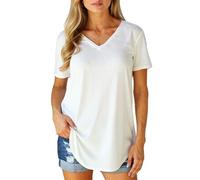 Women's Summer V Neck Short Sleeve Loose T Shirt Curved Hem Plus Size Solid Color Basic Top Casual Blouse for Daily Wear and Vacation
