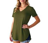 Women's Summer V Neck Short Sleeve Loose T Shirt Curved Hem Plus Size Solid Color Basic Top Casual Blouse for Daily Wear and Vacation