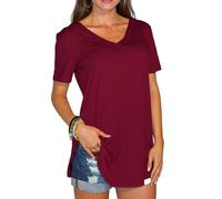 Women's Summer V Neck Short Sleeve Loose T Shirt Curved Hem Plus Size Solid Color Basic Top Casual Blouse for Daily Wear and Vacation
